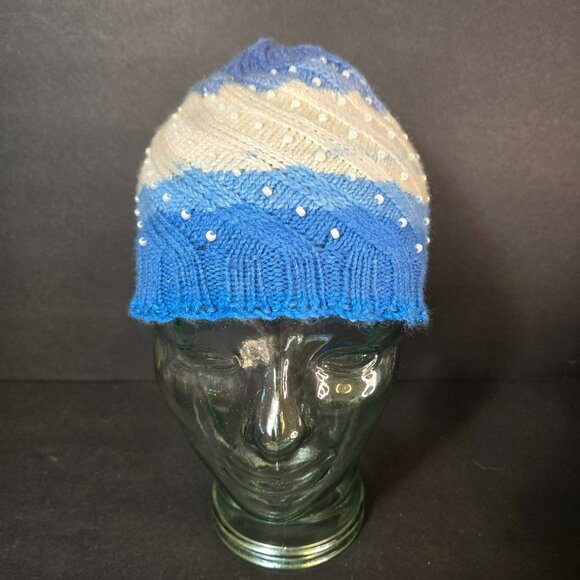 Handmade Knit Hat Blue White Faux Pearl Swirl Design Warm Winter Cap Wool Blend - Picture 3 of 8